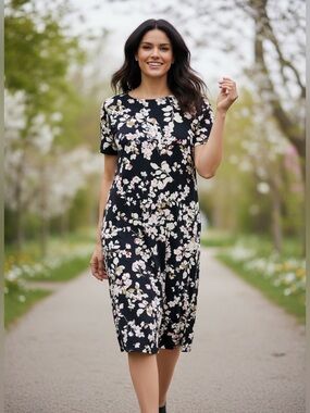 J. Jill Floral Short-Sleeve Black Midi Dress Wearever Collection